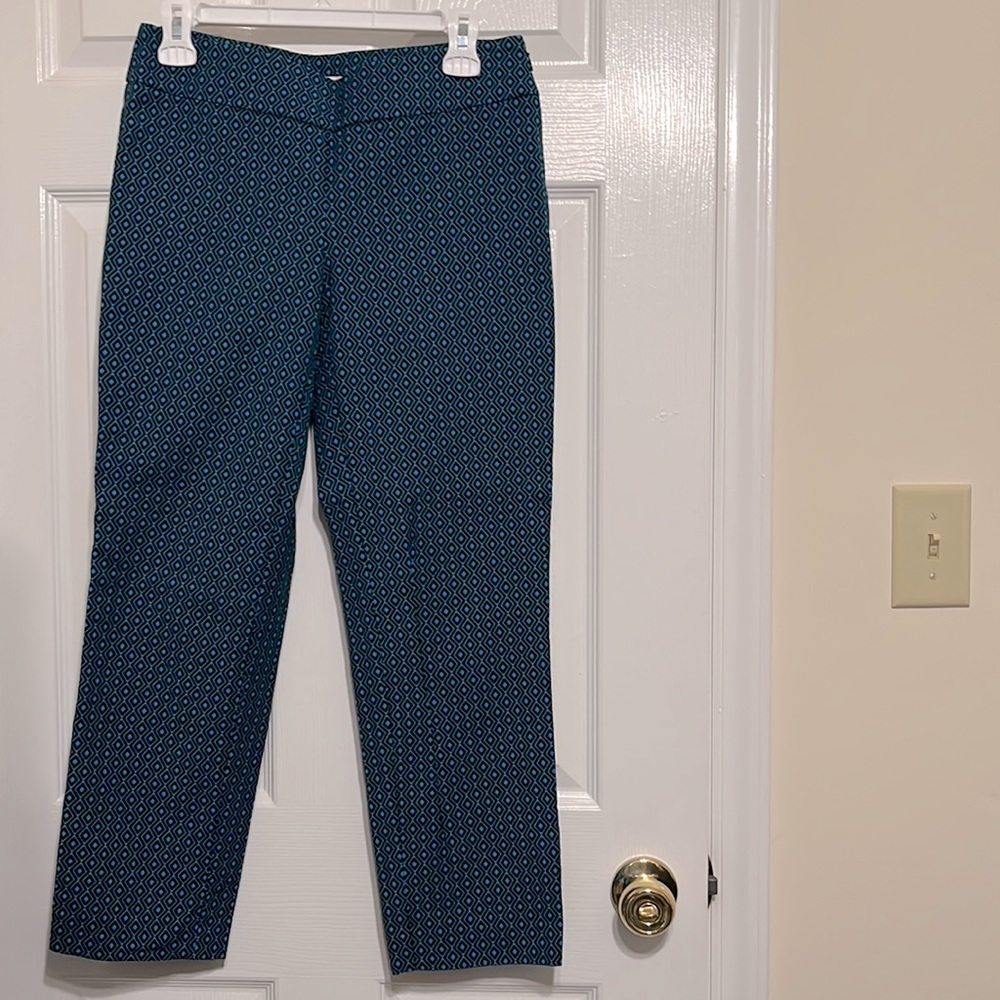 Loft Marisa Teal Blue Black Diamond Ankle Pants Side Zip Size 2 - Picture 2 of 7